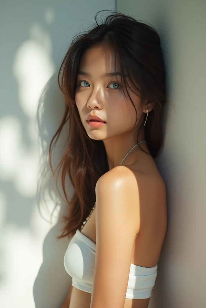 

 A close-up young thai woman Blue eyes  standing gracefully against a white wall, her posture relaxed as dappled sunlight filters through the leaves above, casting soft shadows and patterns across her face and body. She gazes thoughtfully, with a serene ...