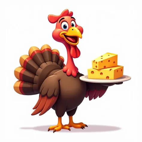 a happy turkey holding a plate with cheese on top of the plate showing it, the background must be white 