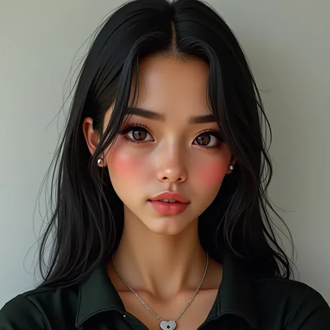  Latin womans face , Age 25,   straight black hair,  dark brown eyes , bushy eyebrows,  small mole above the eyebrow , small earrings, thin lips, Latin Piel, womens black polo shirt ,  silver necklace with a heart pendant. Super realistic face.