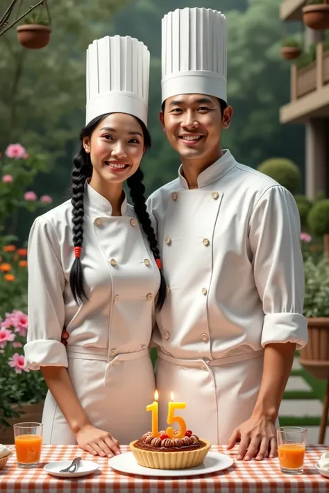 realistic portrait of an Asian man with black hair and an Asian woman with black hair and braids wearing masterchef style chef clothes complete with a chefs hat, standing close together behind a table with a checkered tablecloth, on the table served tart c...