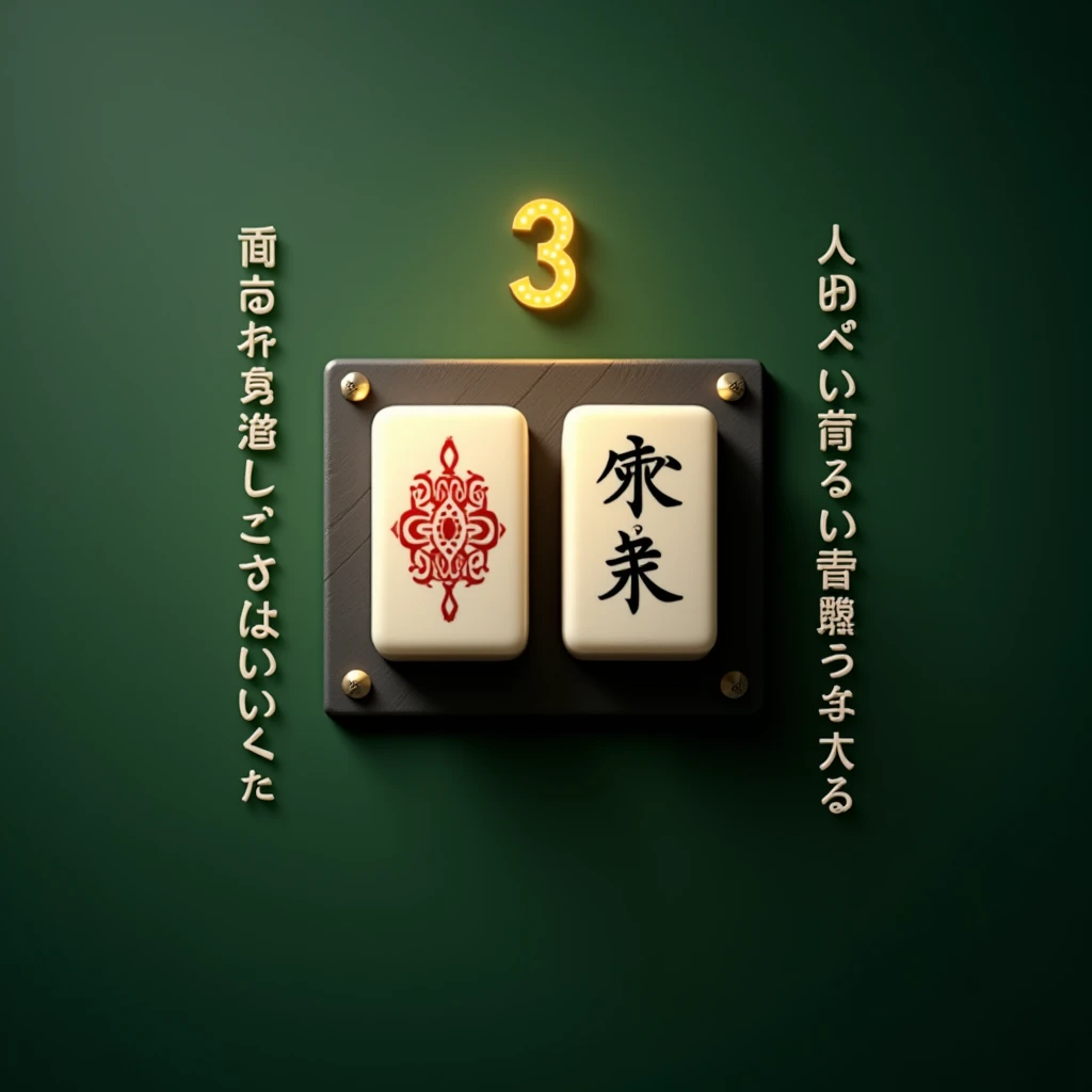 Direct top view of a 3D Mahjong game interface with a dark textured background, two prominently displayed Mahjong tiles in the center, glowing yellow numbers above them, and detailed white Japanese text vertically aligned on the side for round details and ...