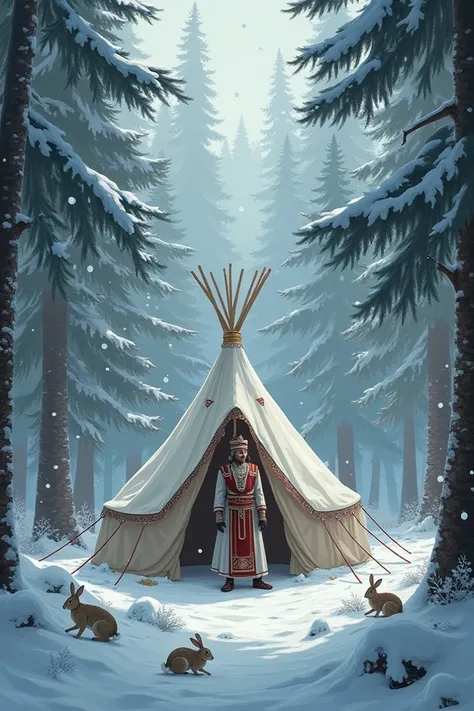 snowfall, winter, conifers in the forest, in forest gaps, hares, male shaman, tent