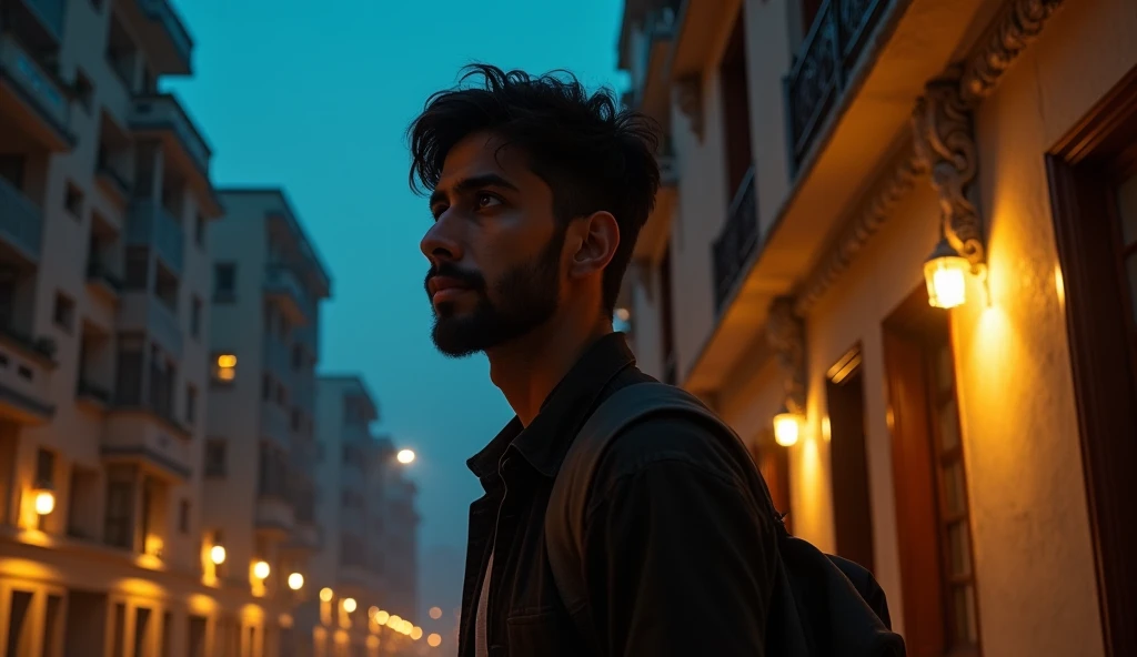 a man , aged around 27 waiting outside flat  house in india at night, in city night, detailed lighting, realistic, photorealistic, cinematic, dramatic lighting, chiaroscuro, dramatic shadows, moody atmosphere, intricate details, high quality, 8k, hyper det...