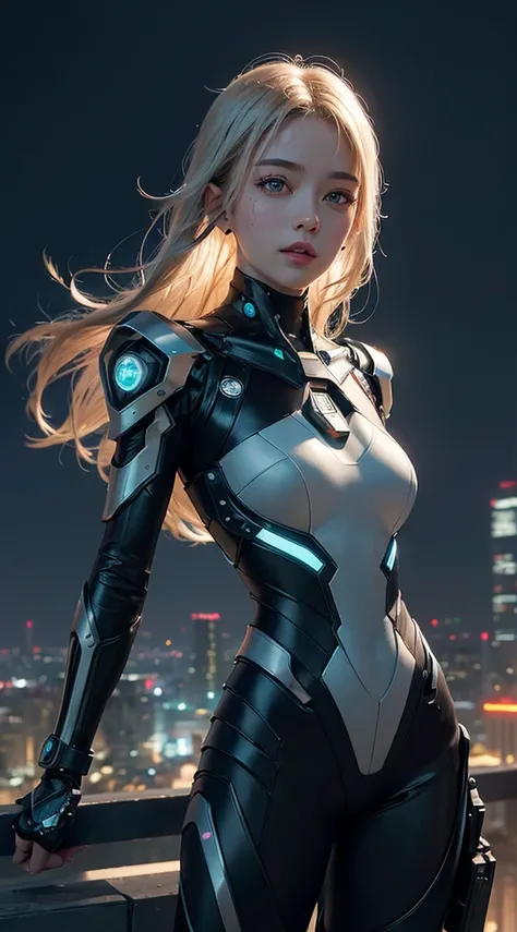 Future mechanical girl, shining metal ,Shining action,ethereal,Future Technology,Advanced artificial intelligence,Neon-lit cityscape,Metal exoskeleton,Highly detailed facial features,Glowing eyes,Crafted synthetic skin,Luxury futuristic fashion,Suspended a...