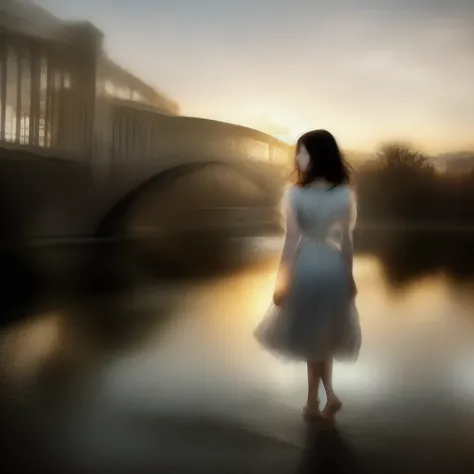 Wide-angle shot of a bridge over the Seine River, a 21-year-old Romanian girl walks barefoot with a natural sensuality and playful attitude, blending in with the Parisian surroundings. Dusk, sky tinted with warm tones, descending sun casting long, golden b...