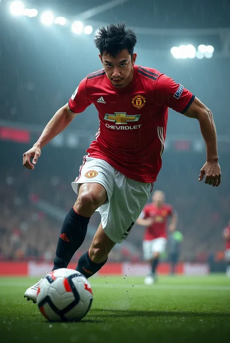 Extremely detailed,, 30 years old asian,, manly chests,, up spiky short black hair,, clean cut,, wearing Manchester united Jersey,, white football boots,, white wristband,, shooting ball,, full body pose,, full of crowd stadium,, rainy night,, 