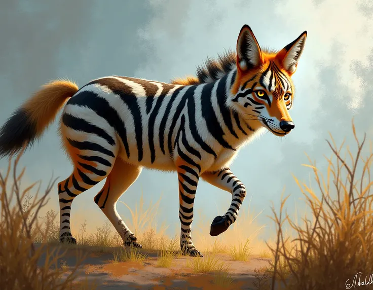  The Coizabra is a fascinating hybrid that combines characteristics of a coyote with a zebra.  This unique being possesses the cunning and agility of a coyote , along with the iconic stripes of a zebra .art impressionism brushstrokes 