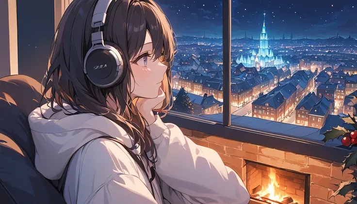 Woman with dark hair looking at night view of Christmas city,Streetscape、 Listening to Music with Headphones 、fireplace