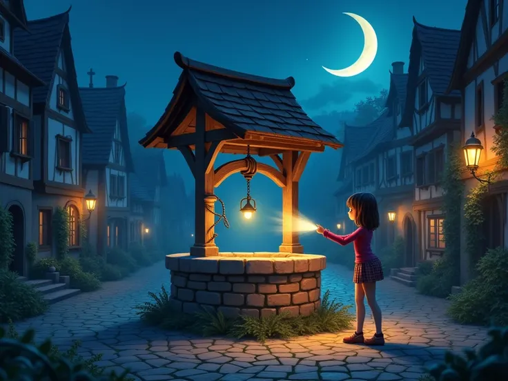  An old village with a well in the middle of the square at night just as the young Moon shines ,Clara throws a flashlight into the well just to brighten inside 