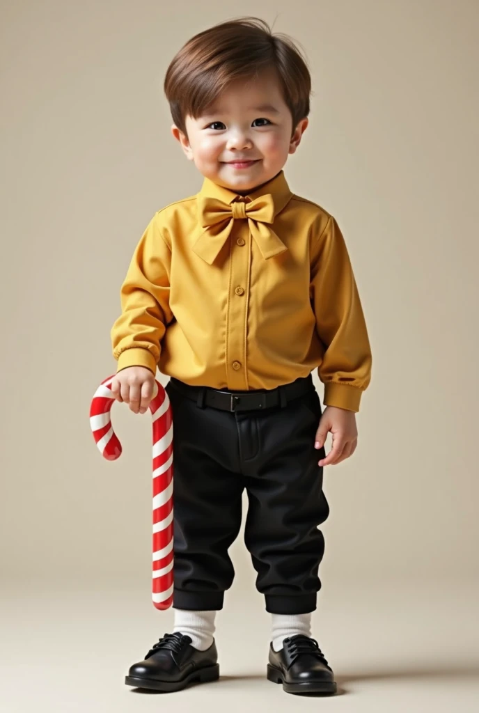 create a image A small boy wearing a plain satting cloth material gold colour long sleeve shirt with gold colour bow and  black trouser and black shoes and white socks with and  holding a red and white candy cane realastic human boy