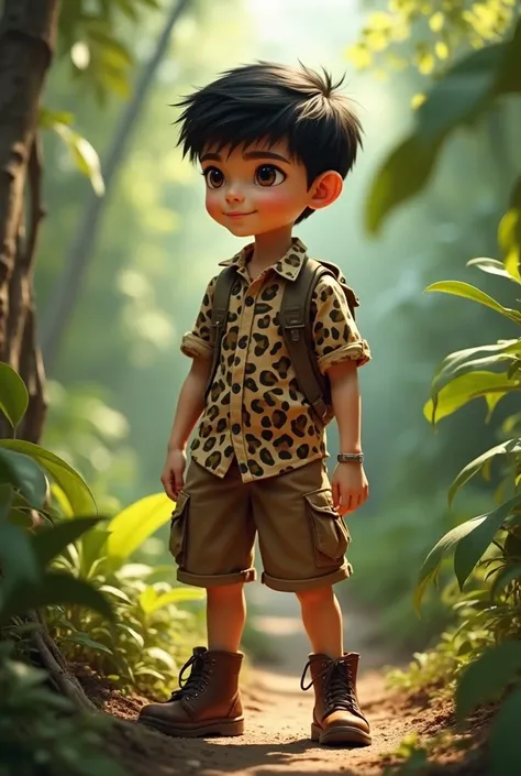   boy dressed in an open shirt with safari animal print, brown shorts and boots ,  black hair,  small eyes and black 