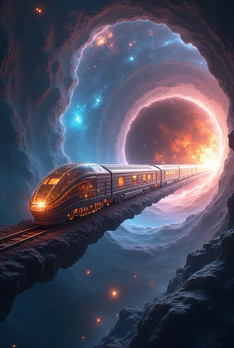 (A time-traveling train made of crystal, traveling through a wormhole, with automated factories:1.2), In a stunning cosmic scene, a massive black hole serves as Portal to time travel, Its accretion disk glows with vibrant colors, swirling with cosmic dust ...