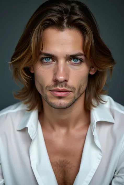 Create a man with blue eyes cyan, black smoky makeup, long wavy dark blonde hair, wearing a white silk blouse 