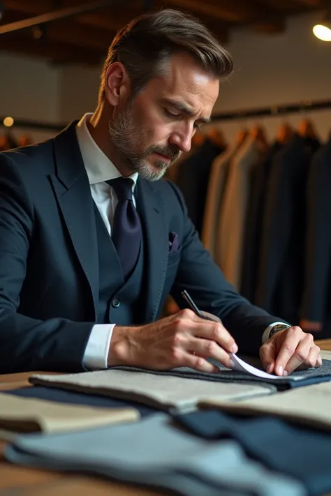 Video of a man watching a sample of fabrics for making mens suits 