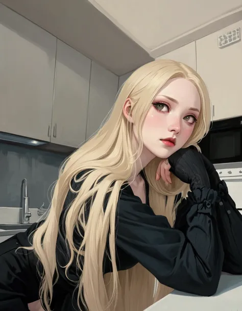  blonde woman with long hair and black blouse posing in the kitchen, com  long blond hair ,  extremely pale blonde hair , Cruel Korean Goth Girl, with very long blonde hair,  extremely long and thick blonde hair,  long blond hair ,  very very pale blond ha...