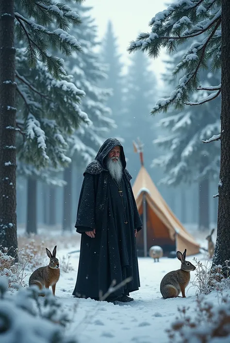 snowfall, winter, conifers in the forest, in forest gaps, hares, male old shaman black costume, tent