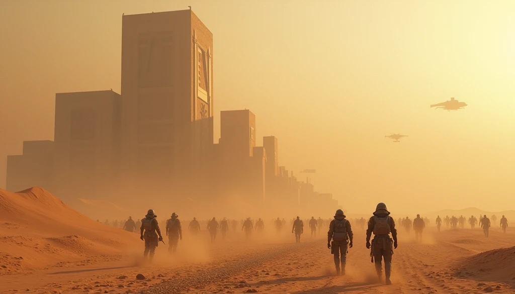 Dune concept art，Clean and neat tones，Sci-fi base scene，Huge scene，Square-shaped complex，Soviet aesthetic architecture，huge buildings，There are many ships in the air，Size contrast，crowd of，Soldiers versus soldiers，Big scenes of war，smog，epic concept art，Fi...