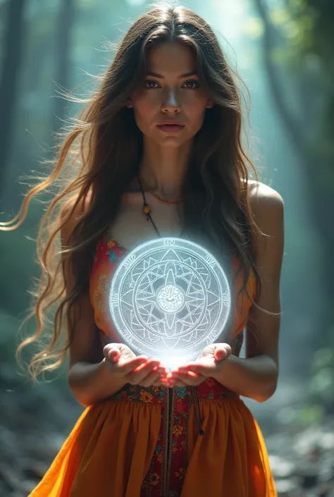 A beautiful woman with wavy,  long hair and a boho dress holds a white S with the inscription "MoonLord"  and shows it to the viewer .