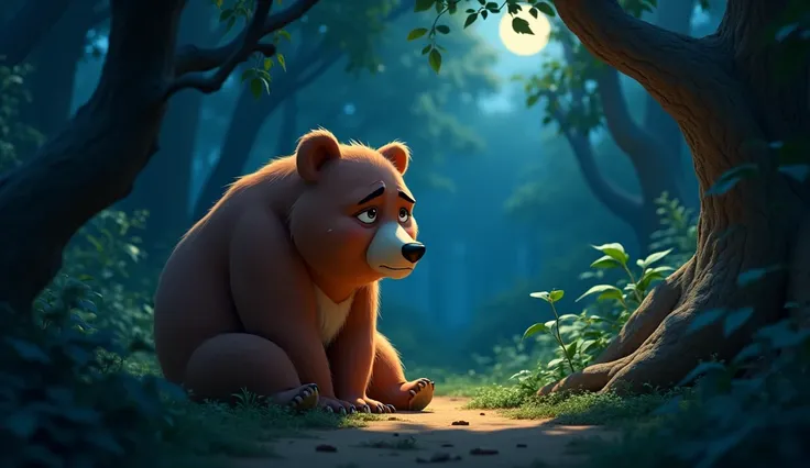 At night, in a dense jungle clearing, the mother bear, with thick brown fur and teary, expressive eyes, sits under a large, twisted tree. Her posture is slumped, reflecting exhaustion and sadness, while soft moonlight filters through the branches above, cr...