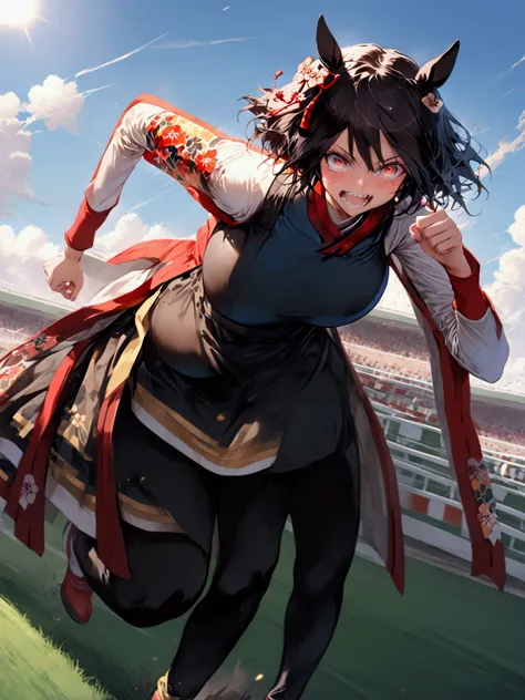 ((( Kitasan black )))、 black hair、 short hair、red and black horse girl costume、Horse&#39;s ears、 horse tail、(((run)))、(((Sprinting)))、(((Glare with sharp eyes)))、(((Showing teeth)))、(((anger)))、(((wind)))、(((blue sky)))、(((Turf)))、(((Racecourse)))、「 best q...