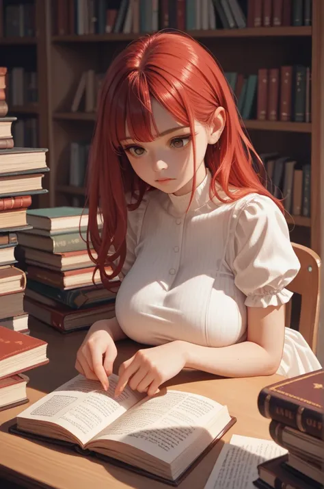 young girl,  big breasts,  long red hair ,  tight white dress,  sitting at a desk studying, with several books 