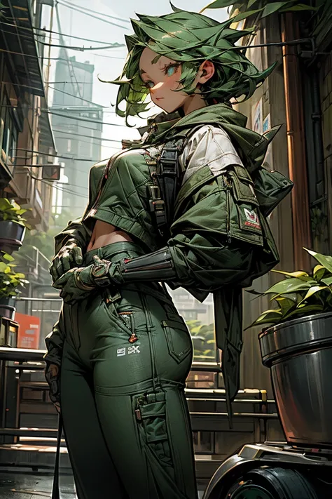 woman、 anatomically correct、 detailed eyes 、 Very Short、Dark green hair、 green college jacket 、 white shirt、Military Pants、deep green sneakers 、 holding small potted plants、street tree、Night City、gigantic sagging breasts