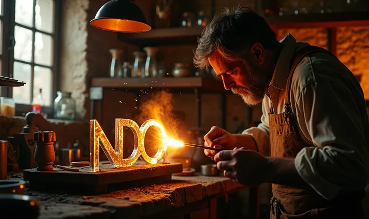  close-up , textured male glassblower blows the word NDC out of glass,  Medieval Italian era ,  poor Rustic workshop , stone walls ,  cold cinematic scene,  filled with warm sunlight ,  flowing through a large window and illuminating floating specks of dus...