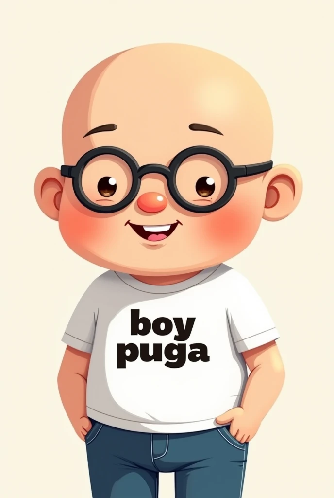 A a cute, friendly bald guy wearing eye glasses wearing jeans and a white shirt with “Boy Puga” printed on it