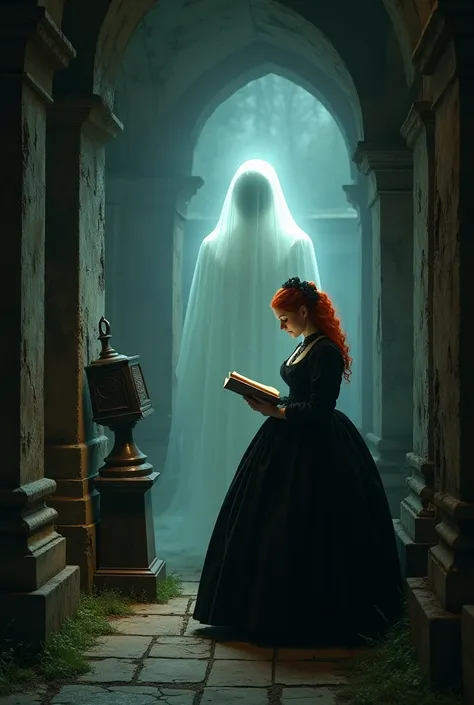 Ghost inside the cemetery in the corridor with a small and old machine while a fat red-haired young woman in black Victorian clothes from the 16th century reading a book