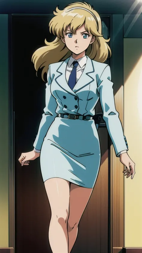 Brown Hair、 long hair 、bangs、White hair band、悲しいface、Blue Eyes、 Full Body Style 、Normal milk、 narrow waist 、Bare legs、In a suit、 blue jacket , collared shirt 、 white shirt、 blue tie,belt, Blue Mini Pencil Skirt, black tights、White pumps、 Official Art, Extr...