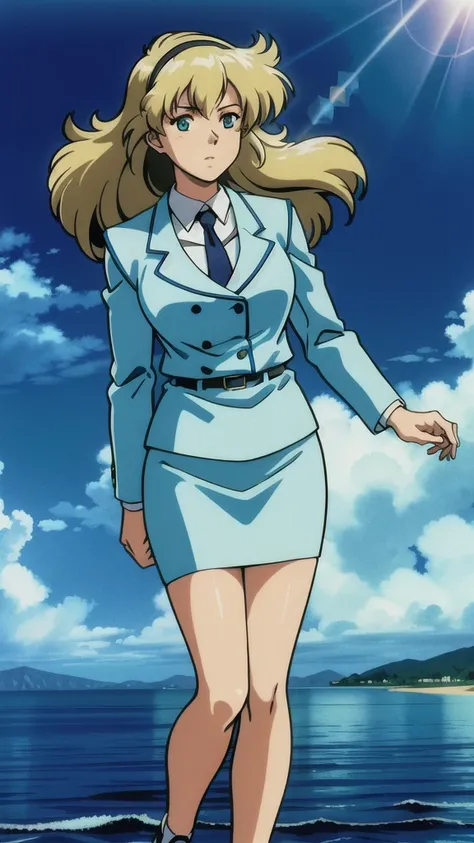 Brown Hair、 long hair 、bangs、White hair band、悲しいface、Blue Eyes、 Full Body Style 、Normal milk、 narrow waist 、Bare legs、In a suit、 blue jacket , collared shirt 、 white shirt、 blue tie,belt, Blue Mini Pencil Skirt, black tights、White pumps、 Official Art, Extr...