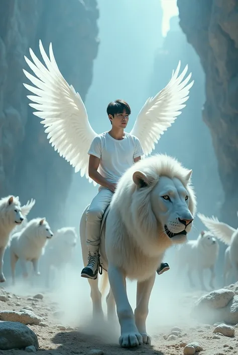 A close up handsome korean man with fast hair, white t-shirt, white jeans and white boots with a white lion, with magical creatures, emma watson as an angel, emma watson as the queen of ice, exquisite and handsome wings, with large wings, the man riding is...