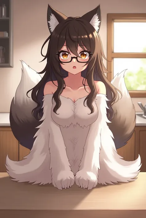 best quality,best resolution,(fluffy anthro furry :1.6),(young :1.6),fox girl,dark brown long hair,wavy hair,messy hair,small breasts,white fur,white body fur,white fox tail,glasses,naked,beautiful kitchen,romantic light,looking at viewer,surprise face,ope...