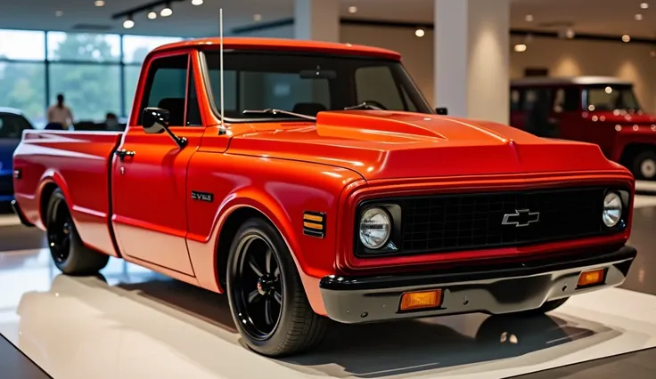 "A highly detailed and photorealistic image of a Chevrolet C30  Custom pickup truck in a glossy bright red Shiny color. The truck must have its original square hood, rectangular grille, round headlights, and black custom rims, with the same proportions and...