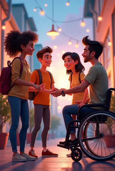  I need an image that represents four college students ,  two women and two men,  the first is a girl with curly hair and a black color ,  her skin color is white , the second boy is thin , musculoso y  her skin color is white ,  the third girl has straigh...