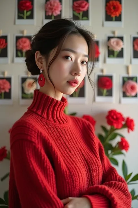 several polaroid photos of flowers hanging on the wall, beautiful Korean woman, wearing a very elegant red knitted sweater, wearing red hoop earrings, hair in a bun, there are red babyrose flowers