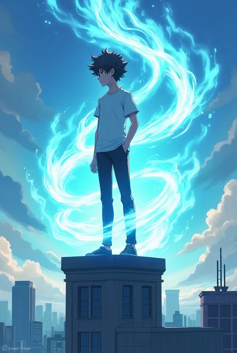 Image type: Anime
What to make: A   standing on top of a tall building roof with and 3 cyan white coloured souls looking like fire moving around him. The eyes of the boy are cyan white and his body is outlined with cyan white aura surrounding him. The boy ...