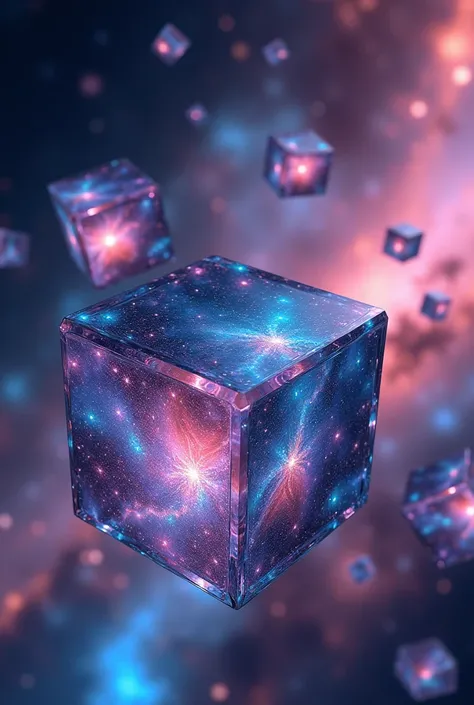  3d image of glass in the colors of the galaxy, forming random cubic shapes