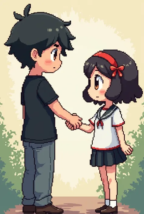  I would like an image in pixelated format of a boy with black hair and brown eyes and with a black shirt ,  who shakes hands with a girl with black hair and a little red hair with short hair and bangs on her side and who wears a white shirt with a ribbon ...