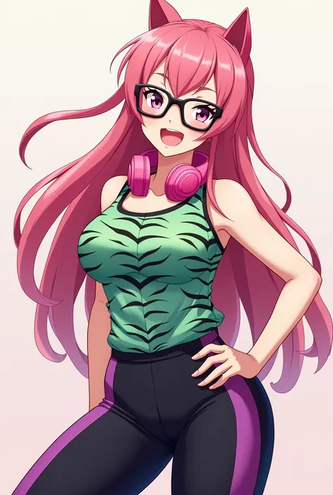 Long Pink Hair, Glasses,  Super Green Tiger Shape Grey Top In The Middle,  Pink Cat Ear Headset ,  Black Purple Pants , anime style,  women , Happy Face 