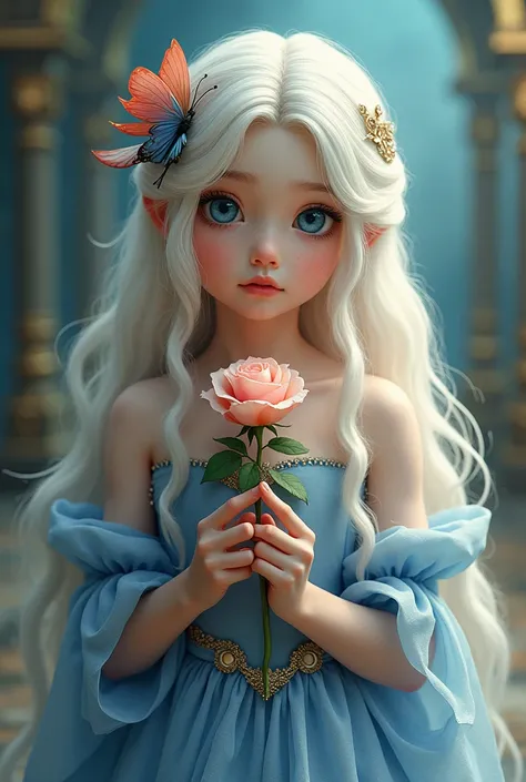 Girl with white hair long hair blue eyes holding Rose butterfly hairclipped in blue and black princess dress in shiny blue and shiny golden colour fluffy hair 