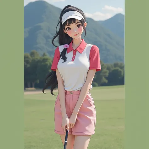 
 woman in red shirt and white skirt holding a golf club,  wearing a polo shirt ,  Wearing Shorts For Golf,  uniform simple sky at the back , หญิงสาวชาวเอเชียRound face,, Red Cheeks ,  has a glazed tile skin , Black hair,  Ponytail,  Extra-long hair 2m lon...