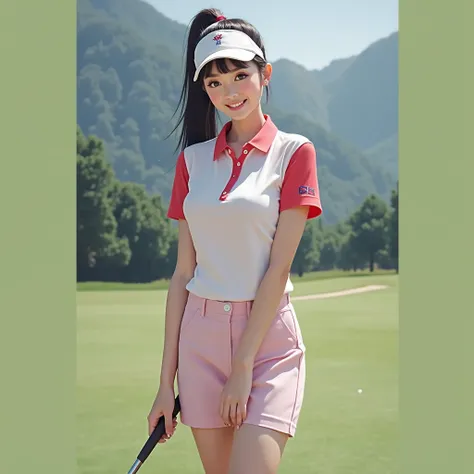 
 woman in red shirt and white skirt holding a golf club,  wearing a polo shirt ,  Wearing Shorts For Golf,  uniform simple sky at the back , หญิงสาวชาวเอเชียRound face,, Red Cheeks ,  has a glazed tile skin , Black hair,  Ponytail,  Extra-long hair 2m lon...