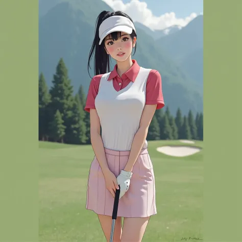 
 woman in red shirt and white skirt holding a golf club,  wearing a polo shirt ,  Wearing Shorts For Golf,  uniform simple sky at the back , หญิงสาวชาวเอเชียRound face,, Red Cheeks ,  has a glazed tile skin , Black hair,  Ponytail,  Extra-long hair 2m lon...