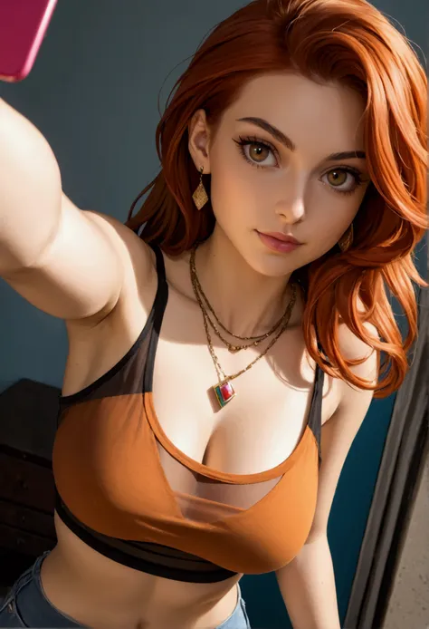 Woman taking a selfie she is wearing a tank top with cleavage, her hair is in a tail and is auburn, simple necklace, crop top, see through shirt, underboob,