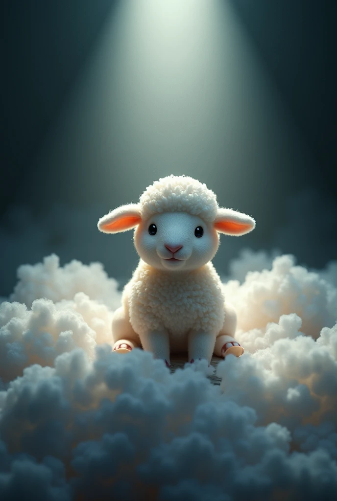 (photorealism:1.2), little sheep angle, sitting on a cloud, on spotlight. like a playing card. Tarot card