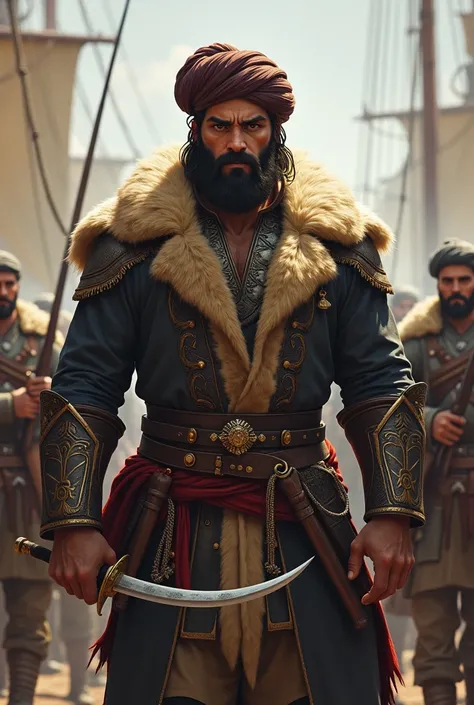 warrior wearing jacket with Markhor skin and wearing a Muslim style persian turban holding a curved sword in his hands  and warrior is tall and mascular and his jacket have big fur and his forearms are big and bulky and warrior is young and in backside the...