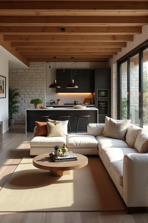 Rustic modern living room kitchen area where it feels like a cozy cottage but has a touch of modern aspects 