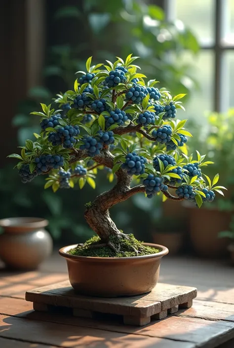 Realistic blueberry bonsai tree potted into a tub on the table with fruits