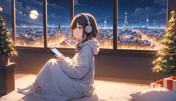 Woman with dark hair looking at night view of Christmas city,Streetscape、 Listening to Music with Headphones 、Relaxing in a room with a fireplace